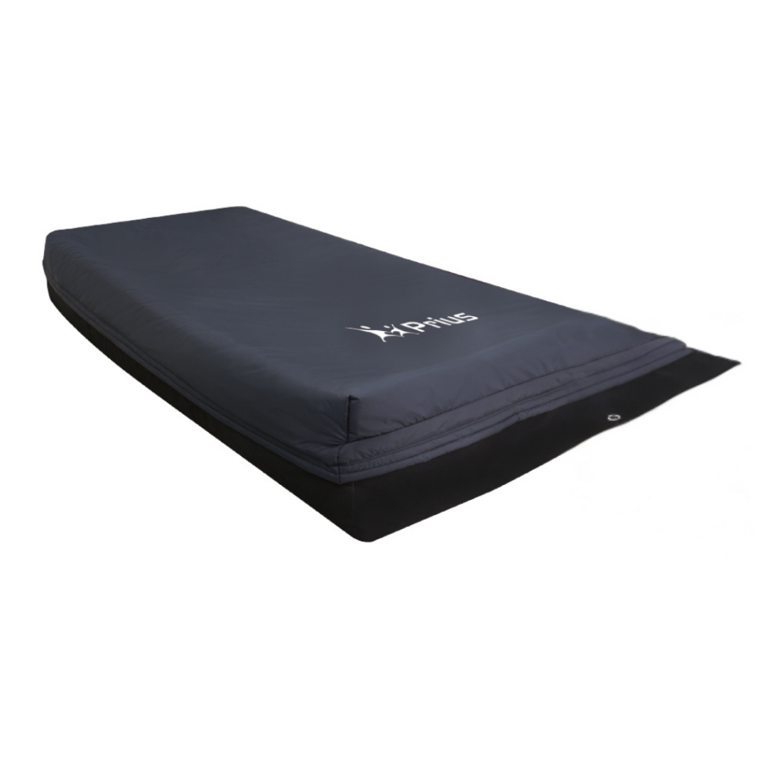 The Prius Duet LAL Alternating Anti-Decubitus Mattress System is a dark rectangular mattress with a smooth cover and Prius logo on the corner, designed for pressure relief, shown against a plain white background.